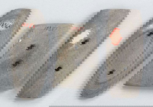 Three banded slate two hole gorgets, longest -: Three banded slate two hole gorgets, longest - 4 1/4'' l.