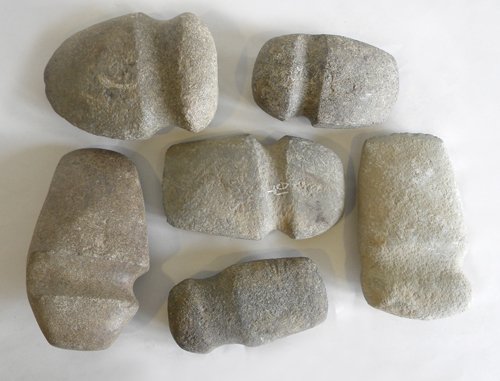 Six good grooved stone axe heads to include Ohi: Six good grooved stone axe heads to include Ohio type, etc., longest - 6 1/4'' l.