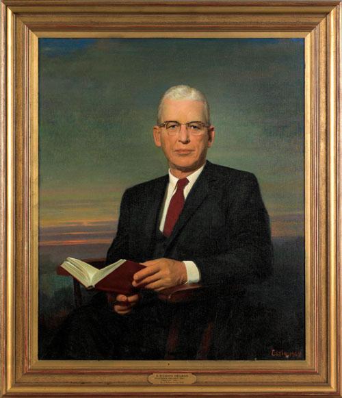 Joseph Richard Essig (Pennsylvania, b. 1902), o: Joseph Richard Essig (Pennsylvania, b. 1902), oil on canvas portrait of H. Richard Heilman, 14th President of the Insurance Company of North America, 1966, 36'' x 30''.