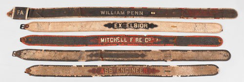 Nine painted leather fire belts, 19th c., to in: Nine painted leather fire belts, 19th c., to include examples inscribed Harmony, Washington, Mitchell Five Co., Asst. Engineer, William Penn, and Excelsior.