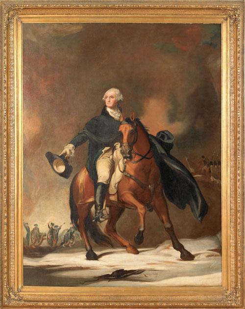 School or Follower of Thomas Sully, dramatic oi: School or Follower of Thomas Sully, dramatic oil on canvas equestrian portrait of George Washington, initialed TS verso, 75'' x 57''.