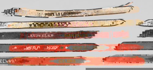 Five painted leather fire belts, 19th c., inscr: Five painted leather fire belts, 19th c., inscribed Delaware, American Hose, Shiffler, E.A. Straw 1, and Veteran.