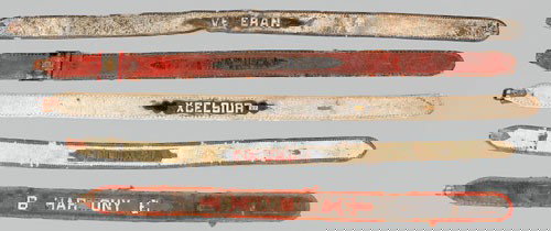 Five painted leather fire belts, 19th c., inscr: Five painted leather fire belts, 19th c., inscribed Veteran, Excelsior, Columbia, Harmony 6, and Good Will Hose.