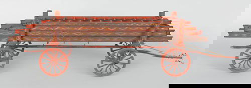 Painted wood model of a 19th c., hook and ladder: Painted wood model of a 19th c., hook and ladder truck, early 20th c., 9'' h., 24'' w.