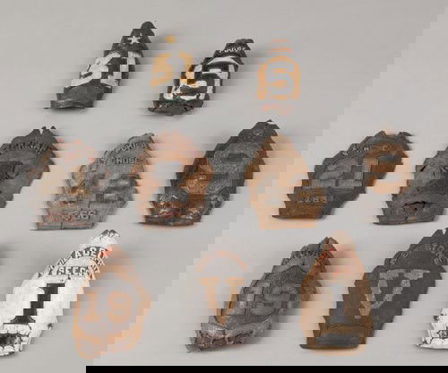 Nine painted leather fire shields, 19th c., ins: Nine painted leather fire shields, 19th c., inscribed Philadelphia SFE Co., Hose 5, Weccacoe 19, and five others.