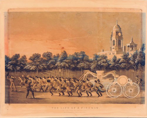 Two Nathaniel Currier chromolithographs from th: Two Nathaniel Currier chromolithographs from the Life of a Fireman series, titled The Race: Jump her boys, jump her, 17'' x 25 3/4''.
