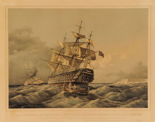Four early maritime engravings to include The: Four early maritime engravings to include The HMS Queen Being Towed by H.M. Virago, after Mends, 11 3/4'' x 16 1/2'', The Steam Frigate Cyclops, after Knell, 16'' x 24'', A Storm Coming On, after R. D