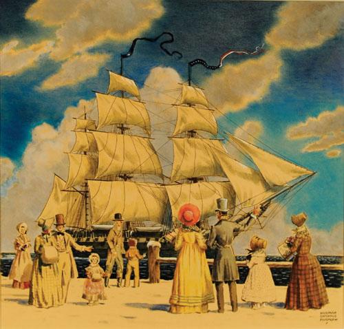 Norman Guthrie Rudolph (American, 1900-1985), w: Norman Guthrie Rudolph (American, 1900-1985), watercolor depicting figures on the shore waving to the ship Constitution. signed lower right, 13'' x 13 1/2''.