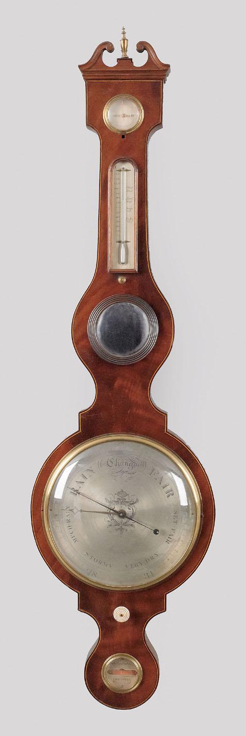 English mahogany banjo barometer, 19th c., sign: English mahogany banjo barometer, 19th c., signed Job Casteteti Leicester, 44 1/2'' h.