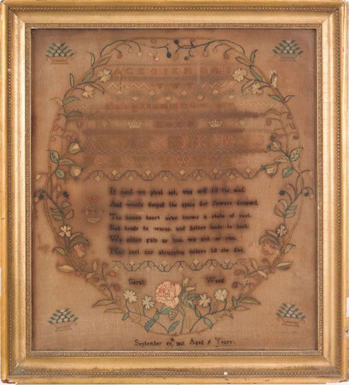 English silk on linen sampler wrought by Sarah Wa: English silk on linen sampler wrought by Sarah Ward, dated 1811, 14 1/2'' x 13''.