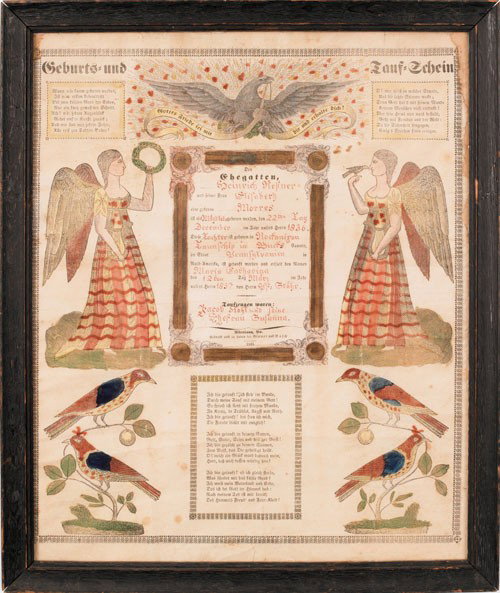 Two Pennsylvania printed and hand colored fraktur: Two Pennsylvania printed and hand colored fraktur, 19th c., one by John Weistling, Harrisburg, 15 1/2'' x 12 1/2'', the other by Blumer, Allentown, 16 1/2'' x 13 1/2''.