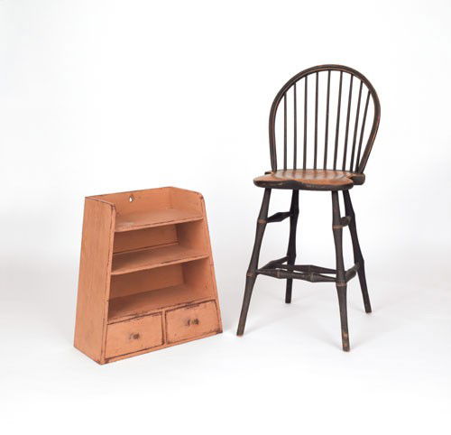 Reproduction hoopback windsor chair by David Smit: Reproduction hoopback windsor chair by David Smith, together with a Hoffman and Woodmond painted cupboard, 24'' h., 22'' w.