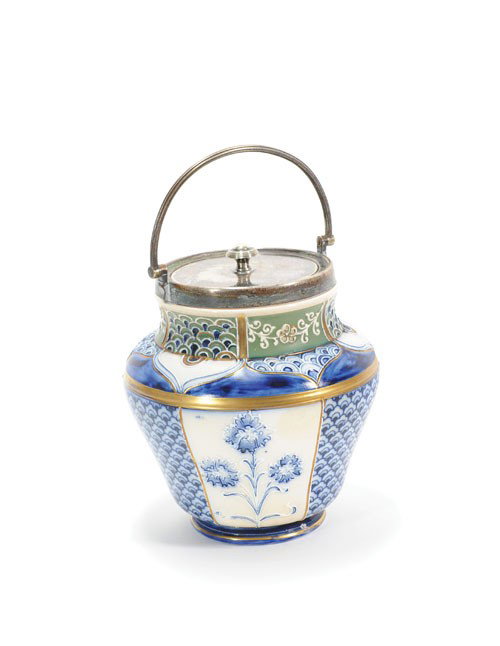 Moorcroft faience biscuit jar, early 20th c., 6 3: Moorcroft faience biscuit jar, early 20th c., 6 3/4'' h.