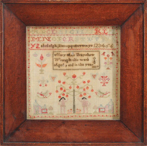 Silk on linen sampler wrought by Mary Ann Bratsha: Silk on linen sampler wrought by Mary Ann Bratshaw 1830, with Adam & Eve, 12 1/2'' x 12 1/2''.