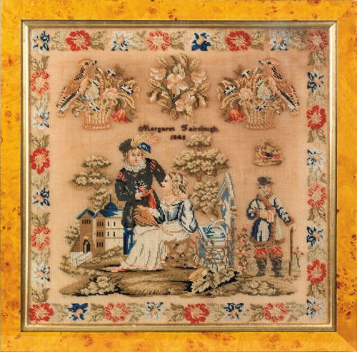 Wool on linen pictorial sampler wrought by Margar: Wool on linen pictorial sampler wrought by Margaret Fairolough, 1848, 17'' x 17''.