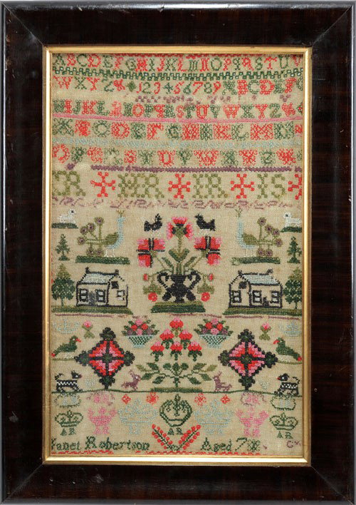 Wool on linen sampler, 19th c., wrought by Janet : Wool on linen sampler, 19th c., wrought by Janet Robertson, age seven, 15'' x 9 1/4''.