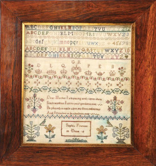 Silk on linen sampler wrought by Sophia Frances D: Silk on linen sampler wrought by Sophia Frances Drew, 1810, 13'' x 12''.