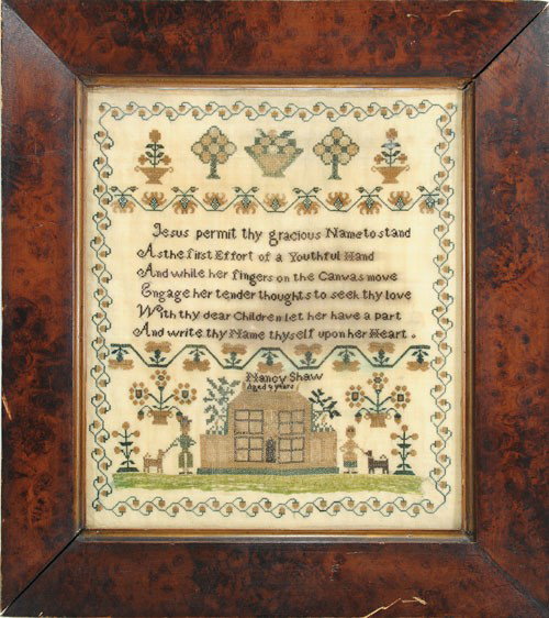 Silk on linen sampler, 19th c., wrought by Nancy : Silk on linen sampler, 19th c., wrought by Nancy Shaw, age nine, 15'' x 13''.
