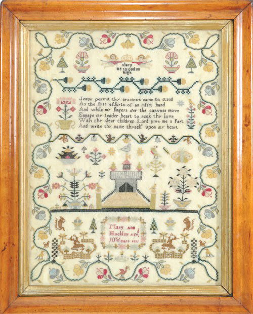 Silk on linen sampler wrought by Mary Ann Hockleg: Silk on linen sampler wrought by Mary Ann Hockleg, age ten years, 1811, 16 1/2'' x 12 1/2''.