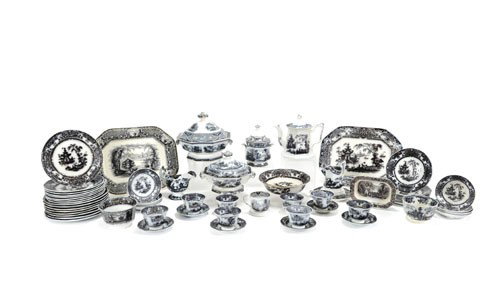 Black and white transfer decorated ironstone dinn: Black and white transfer decorated ironstone dinner service in the Corean pattern to include serving pieces, approximately sixty pieces.