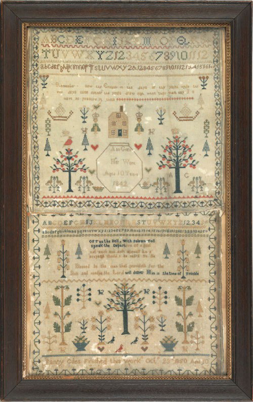 Pair of English silk on linen samplers wrought by: Pair of English silk on linen samplers wrought by Fanny Giles, 1850 and Ann Giles, 1842, 23 1/2'' x 13''.