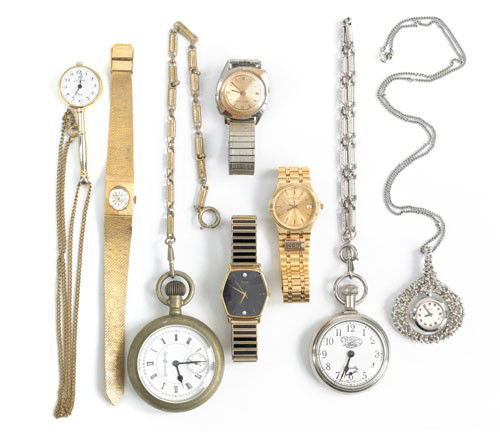 Group of eight pocket and wrist watches to includ: Group of eight pocket and wrist watches to include Hamilton, Pulsar, Columbine, etc.