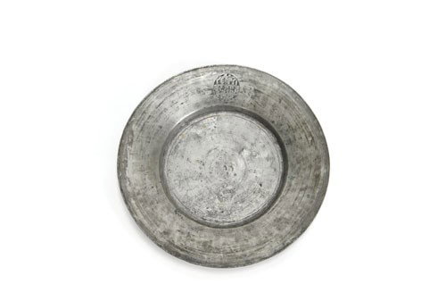 European or Russian pewter plate, inscribed in Cy: European or Russian pewter plate, inscribed in Cyrillic and dated 1763, 10 1/2'' dia.