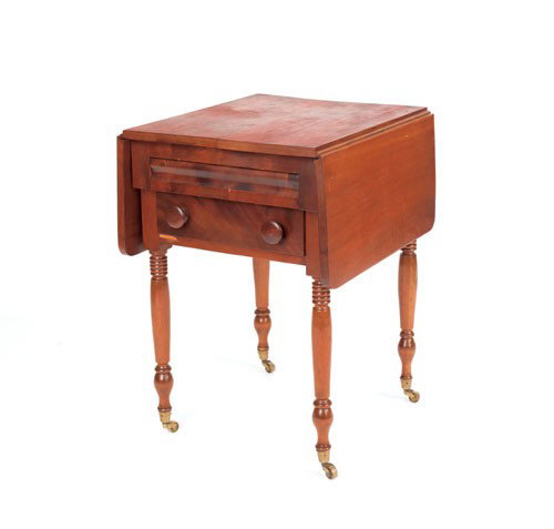Sheraton cherry and mahogany work table, ca. 1835: Sheraton cherry and mahogany work table, ca. 1835, 28 1/2'' h., 20'' w.
