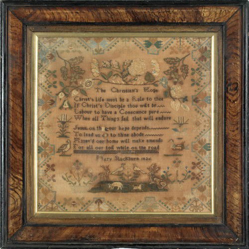 Silk on linen sampler wrought by Mary Blackburn,: Silk on linen sampler wrought by Mary Blackburn, 1826, retaining a period grained frame, 16 1/2'' x 16 1/2''.