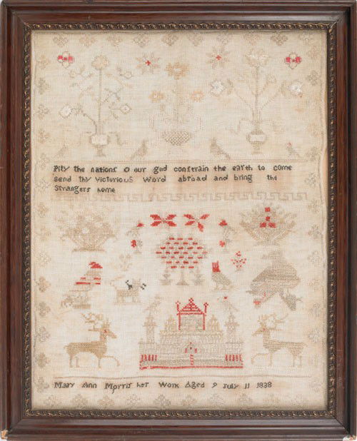 Silk on linen sampler dated 1838, wrought by Mary: Silk on linen sampler dated 1838, wrought by Mary Ann Morris, 15'' x 12''.