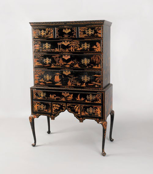New England Queen Anne japanned highboy top, mid : New England Queen Anne japanned highboy top, mid 18th c., with later base, 63'' h., 38 1/4'' l.