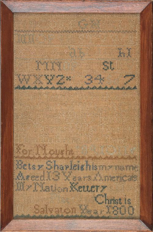 Maine silk on linen sampler dated 1800 wrought by: Maine silk on linen sampler dated 1800 wrought by Betsey Shapleigh, Kettery, 12 1/2'' x 7 1/2''.