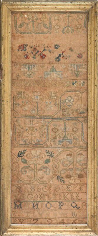 English silk on linen band sampler, mid 18th c.,: English silk on linen band sampler, mid 18th c., 18 1/2'' x 6 1/2''.