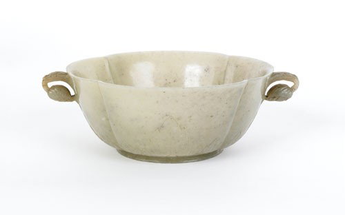 Chinese carved jade mughal style bowl, 2 1/4'' h.: Chinese carved jade mughal style bowl, 2 1/4'' h., 6 3/4'' dia.