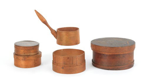 Three pantry boxes, 19th c., together with a wood: Three pantry boxes, 19th c., together with a wood dipper and a sifter, tallest - 5 1/4'' h.