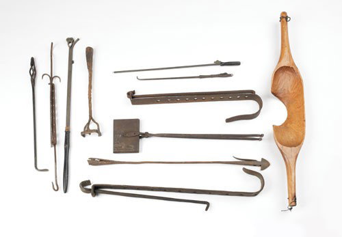 Miscellaneous wrought iron fireplace accessories,: Miscellaneous wrought iron fireplace accessories, 18th/19th c., to include trammels, wafer iron, spear point, yoke, etc.