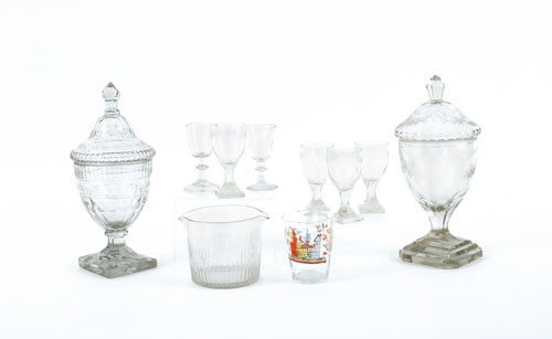 Collection of colorless glass to include a Stiege: Collection of colorless glass to include a Stiegel type cup, ten pieces, tallest - 11 1/2'' h.