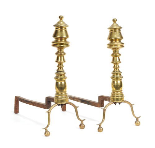 Pair of Federal brass andirons, 18'' h.: Pair of Federal brass andirons, 18'' h.