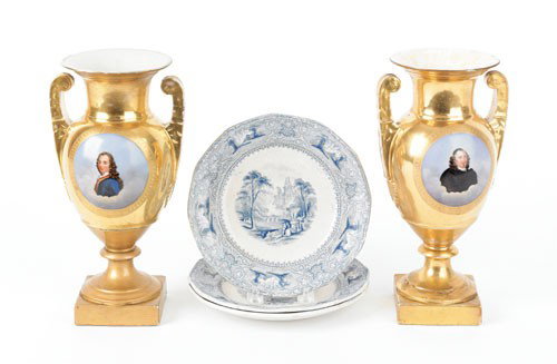 Pair of Paris porcelain vases depicting Voltaire: Pair of Paris porcelain vases depicting Voltaire and Corneille, 11 1/2'' h., together with three Staffordshire plates, 8'' dia.