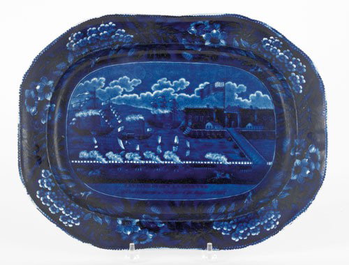 Historical blue Staffordshire platter, 19th c.,: Historical blue Staffordshire platter, 19th c., depicting The Landing of General Lafayette, 13'' l., 17'' w.
