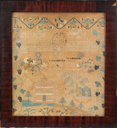 Chester County, Pennsylvania silk on linen sampl: Chester County, Pennsylvania silk on linen sampler by Anne Holland, Sept. 17, age 7, with trailing vine border with house on hill top flanked by trees, accompanied by her lace bonnet and monogrammed s