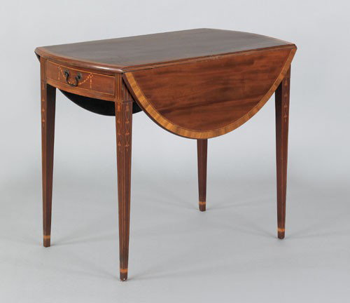 New York Hepplewhite mahogany Pembroke table, ca: New York Hepplewhite mahogany Pembroke table, ca. 1795, the dropleaf top with satinwood banded edge over a frame with a single drawer decorated with bellflower swag, flanked by matchstick molded capit