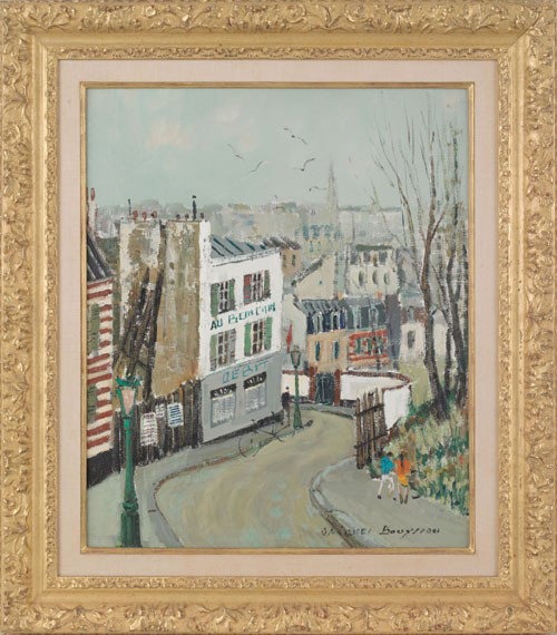 Jacques Bouyssou (French, 1926-1997), oil on ca: Jacques Bouyssou (French, 1926-1997), oil on canvas titled Paris Rue Piat, signed lower right, 21 1/2'' x 18''.