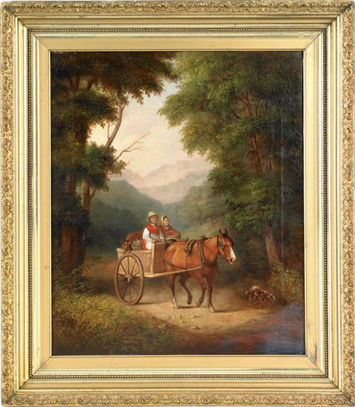 School of Edward Lamson Henry (1841-1913), oil: School of Edward Lamson Henry (1841-1913), oil on canvas landscape with a man and woman in a cart, 24'' x 20''.