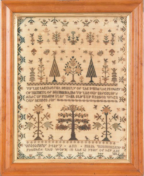 English silk on linen sampler dated 1816, wroug: English silk on linen sampler dated 1816, wrought by Mary Ann Nash, 15 1/4'' x 11 1/2''.