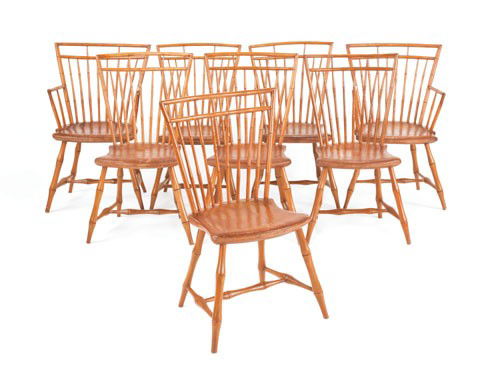 Set of eight Pennsylvania birdcage windsor chair: Set of eight Pennsylvania birdcage windsor chairs, ca. 1825, to include two armchairs and six side chairs. According to family records, these chairs were originally owned by Edward Hicks.