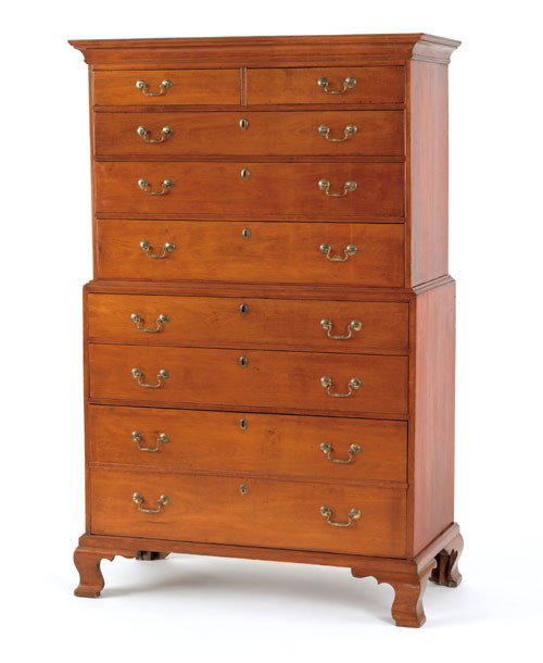 New England Chippendale cherry chest on chest, c: New England Chippendale cherry chest on chest, ca. 1770, with two short and seven long drawers supported by ogee bracket feet, 65'' h., 40'' w.