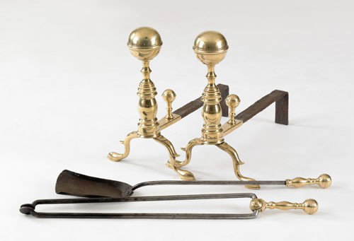 Pair of Boston Federal brass ball top andirons, : Pair of Boston Federal brass ball top andirons, ca. 1825, 16'' h., together with a matching shovel and tongs.