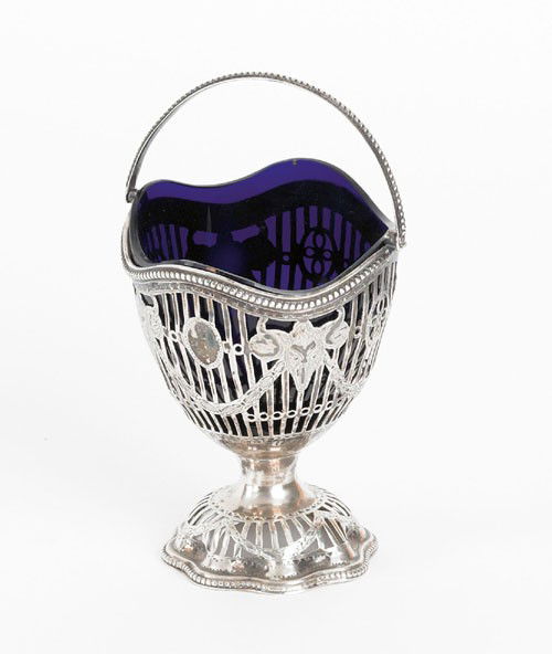 Hester Bateman reticulated silver master salt wi: Hester Bateman reticulated silver master salt with blue liner, 1784, 4'' h., 3.1 ozt.