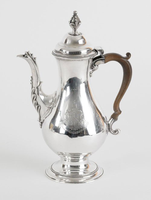 Georgian silver coffee pot, 1781-1782), bearing: Georgian silver coffee pot, 1781-1782), bearing the touch of Hester Bateman with engraved coat of arms, 11 1/2'' h., 27 ozt.